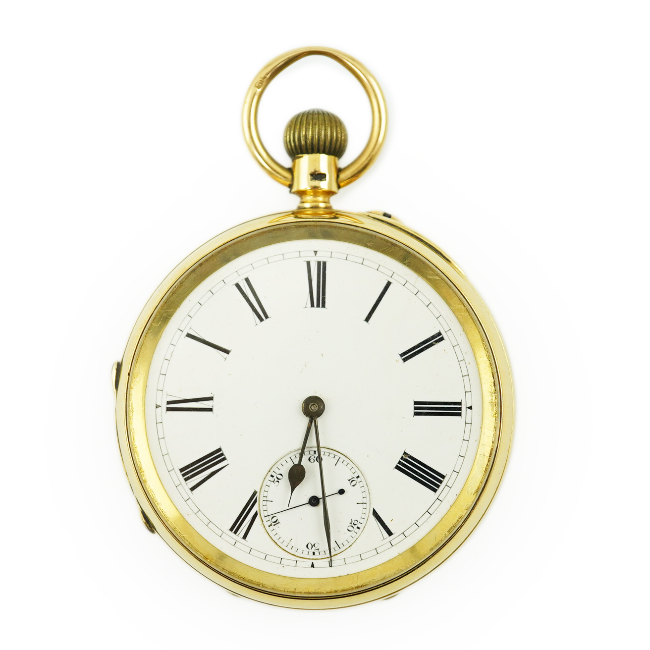 A late Victorian 18ct gold open face keyless pocket watch by Barnett of Hull